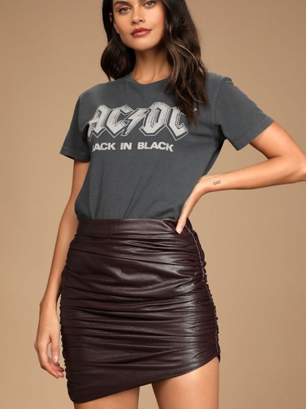 Lulus Cool Factor Dark Plum Purple Ruched Vegan Leather Mini Skirt - Size S